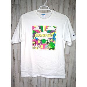 Vintage Champion‎ Shirt Size XL Mushrooms Psychedelic Trippy Peace Sign Rainbow